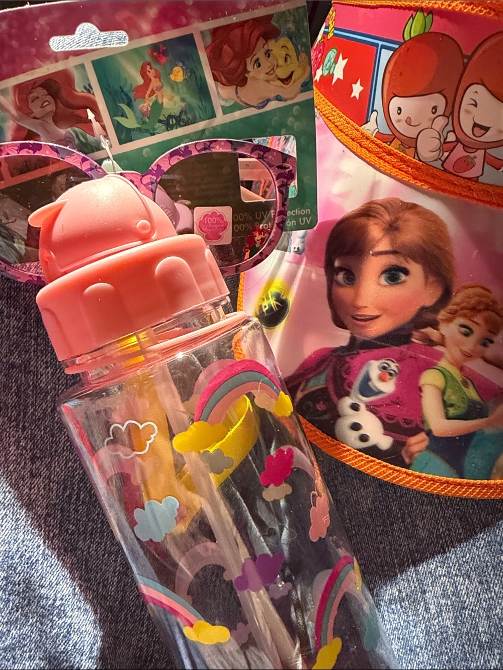Cute Rainbow Cloud Water Bottle with Pink Lid, visor and sunglasses